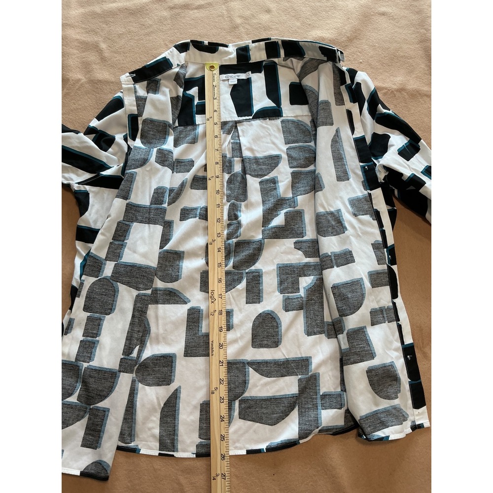 Chico's Button Down Shirt Womens 2 Size 12 White Black Teal Excellent Geometric - Picture 3 of 8
